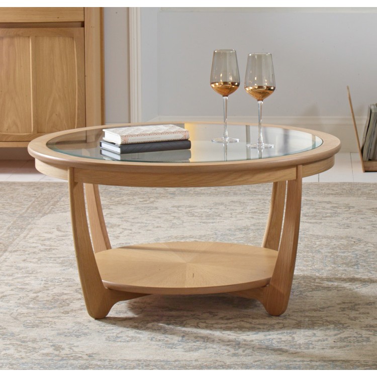 Nathan Coffee Table In Oak, Circular Wood And Glass Coffee Table